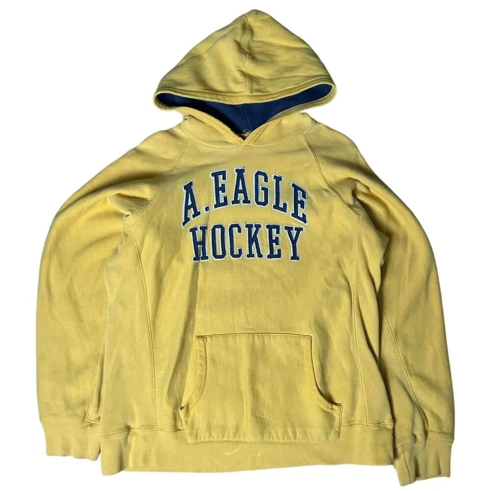 Vintage American Eagle Hoodie Mens Yellow Hockey Large